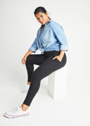Black Rachel Shaping Leggings with Pockets - Casual Styled On Model with Denim Shirt | Yummie